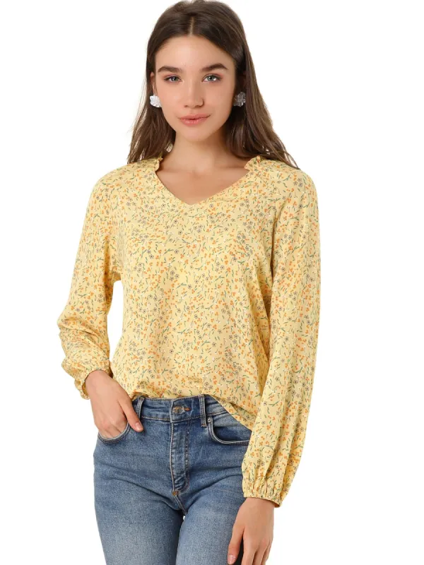 Women's V Neck Ruffle Long Sleeve Casual Floral Blouse Top sold by Allegra K