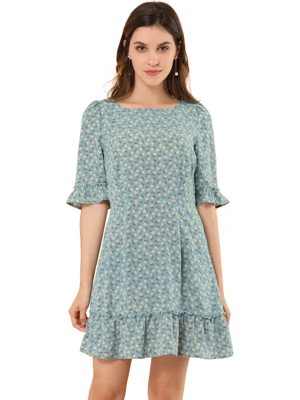 Women's Floral Boat Neck Puff Sleeve Fit and Flare Mini Ruffle Dress sold by Allegra K