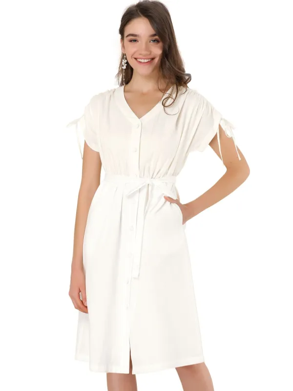 Women's Peasant Short Sleeve V Neck Tie Waist Cotton Button Down Shirt Dress sold by Allegra K