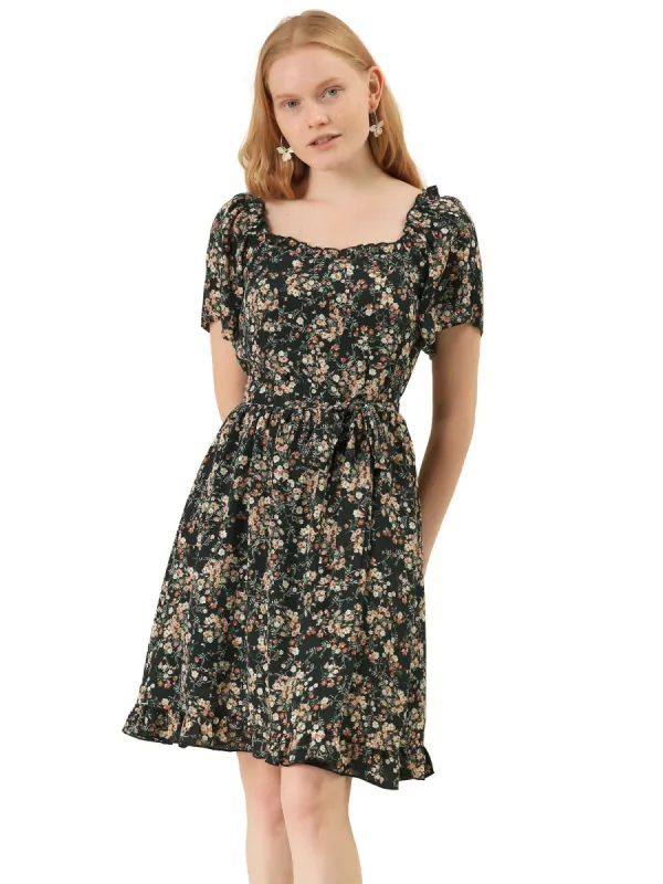 Women's Square Neck Floral Peasant Ruffle Tie Short Sleeve Summer Dress sold by Allegra K