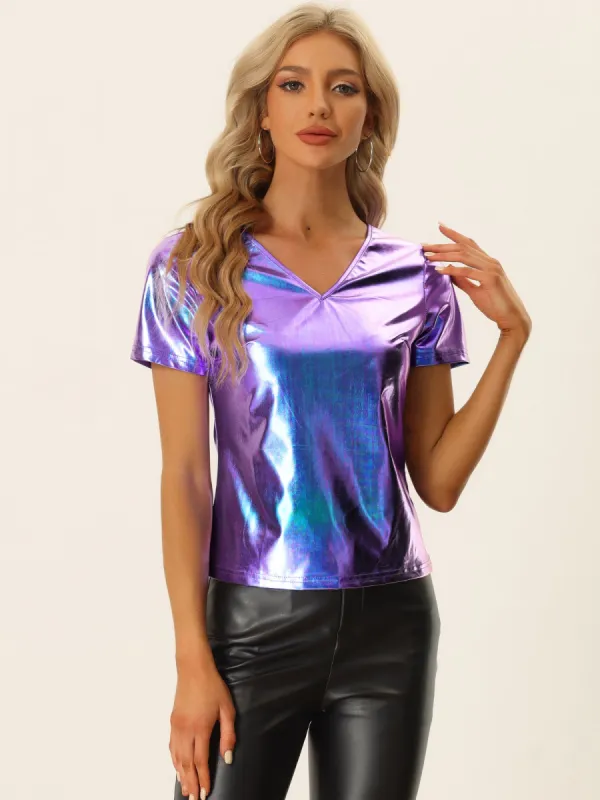 Metallic Tees V Neck Party Clubwear Shiny Top sold by Allegra K