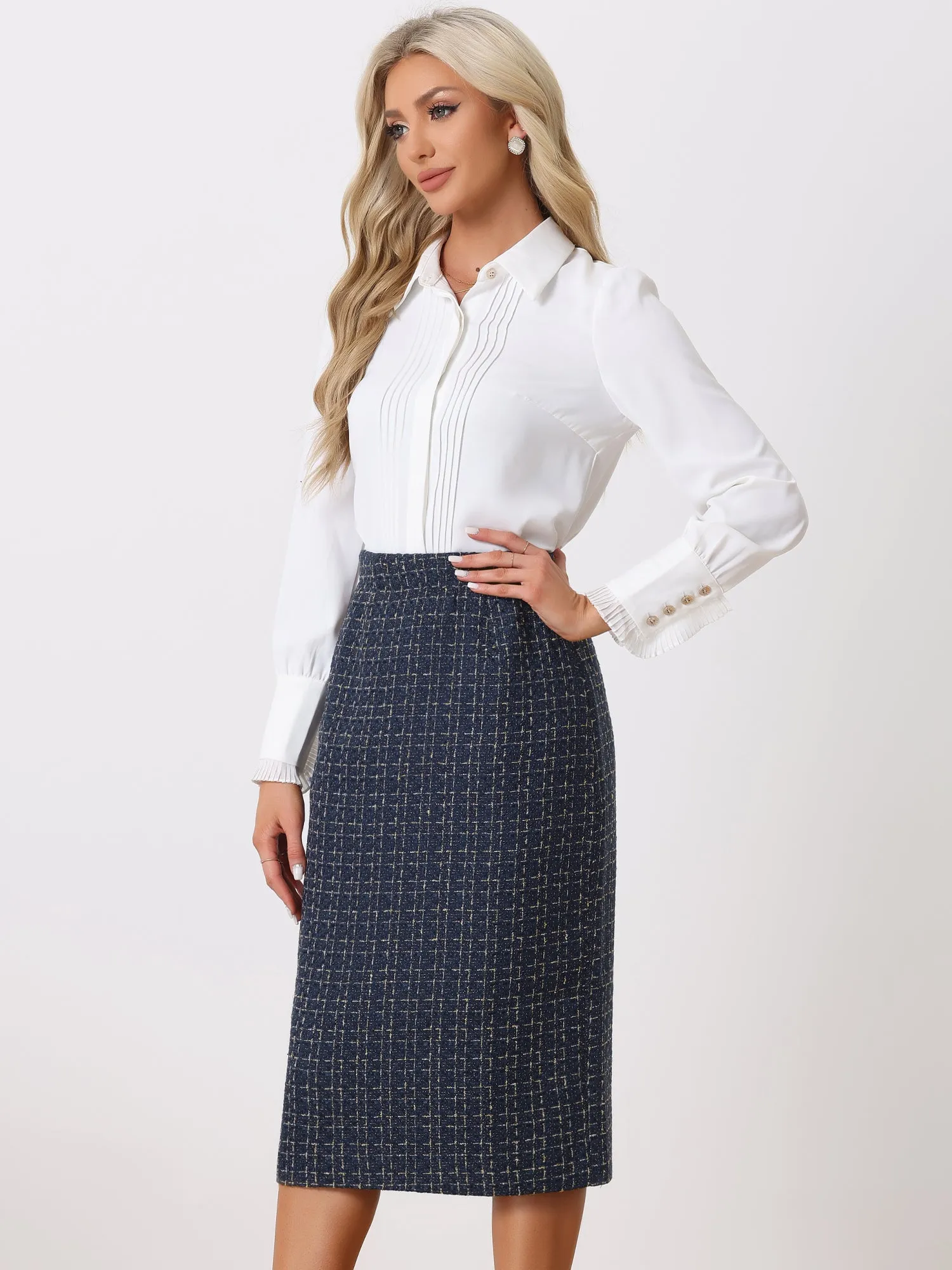 Plaid Tweed High Waist Work Office Bodycon Pencil Midi Skirt sold by Allegra K