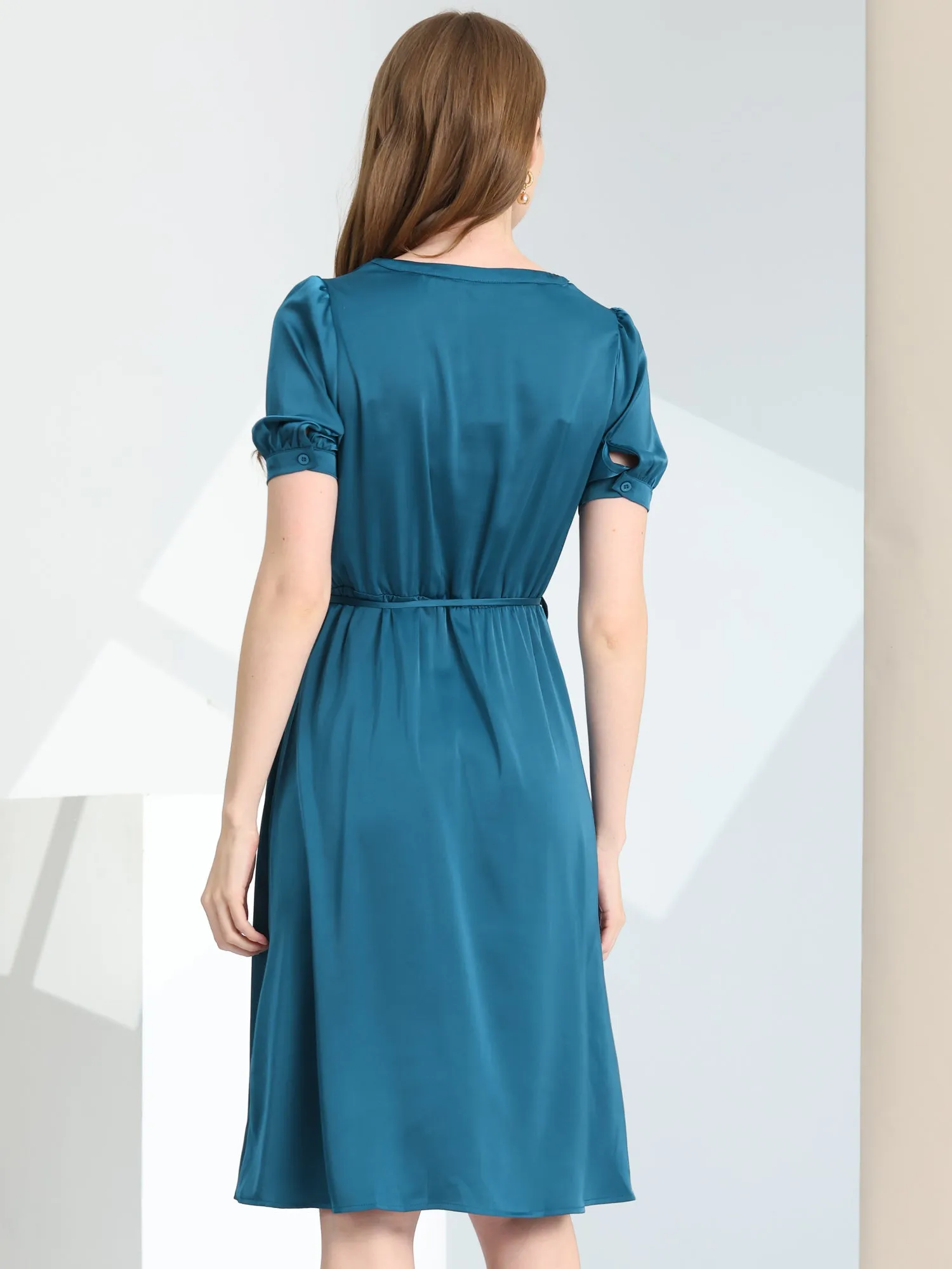 Satin V Neck Short Sleeve A-Line Belted Midi Dress sold by Allegra K product image thumbnail 3