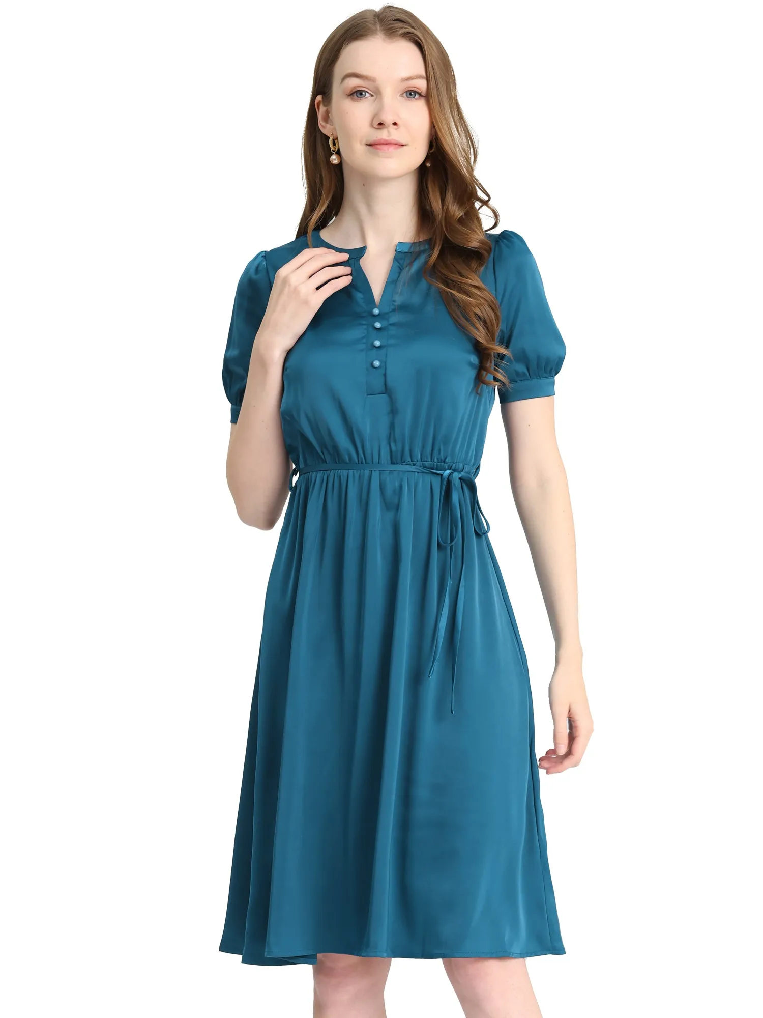 Satin V Neck Short Sleeve A-Line Belted Midi Dress sold by Allegra K product image thumbnail 4