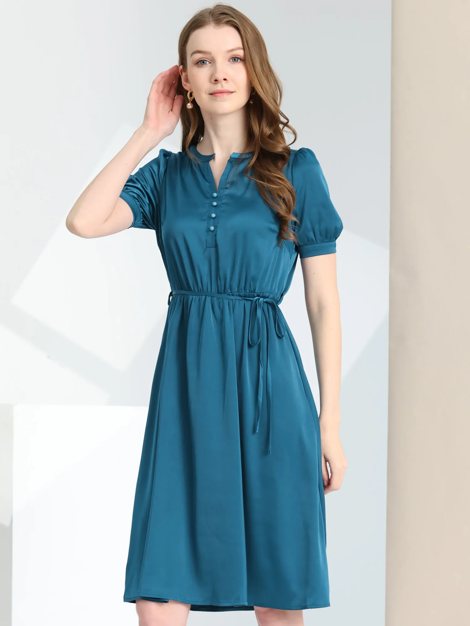 Satin V Neck Short Sleeve A-Line Belted Midi Dress sold by Allegra K product image thumbnail 2