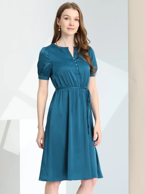Satin V Neck Short Sleeve A-Line Belted Midi Dress sold by Allegra K