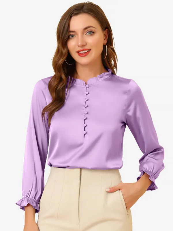 Ruffle Neck Bubble Sleeve Elastic Cuff Button Satin Blouse sold by Allegra K