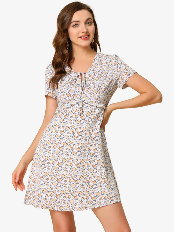 Floral Ruffle Trim Tie Front Short Sleeve Summer Flowy Dress sold by Allegra K