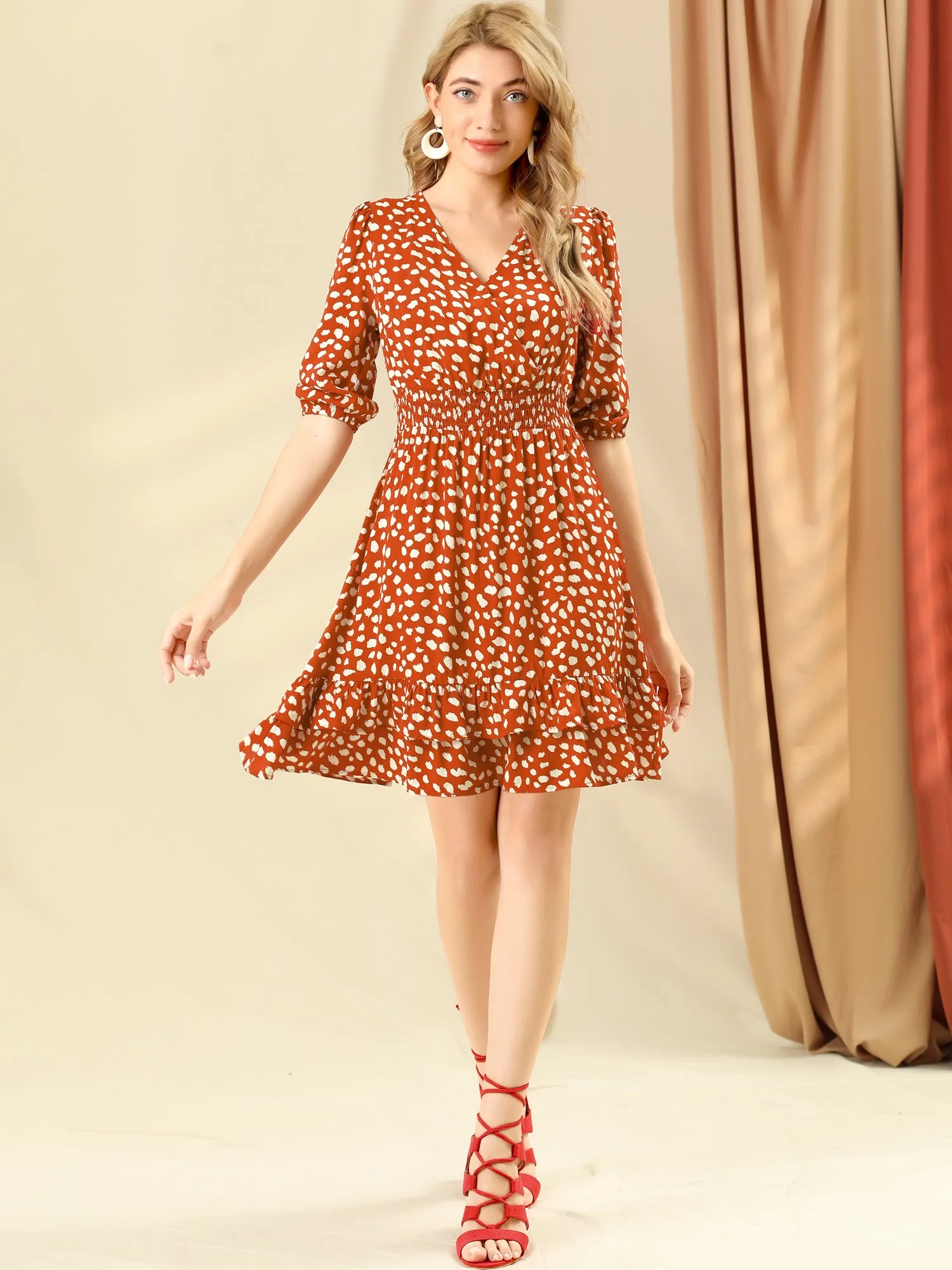 Ruffled Hem Fit and Flare Faux Wrap Smocked Waist Dress sold by Allegra K