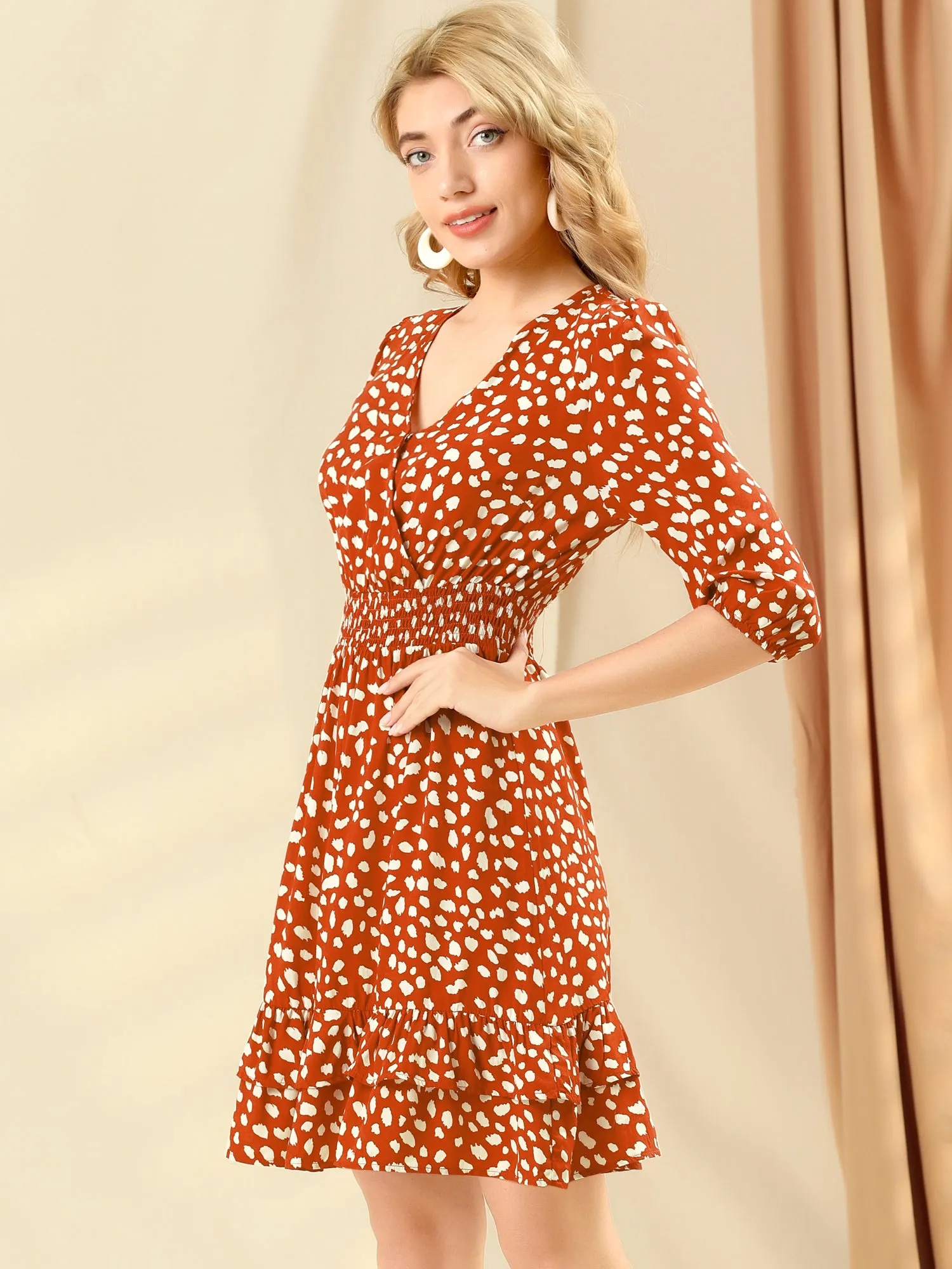 Ruffled Hem Fit and Flare Faux Wrap Smocked Waist Dress sold by Allegra K product image thumbnail 3