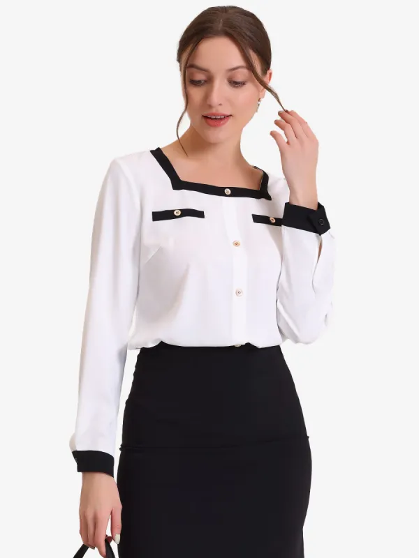 Work Color Block Long Sleeve Career Square Neck Elegant Blouse sold by Allegra K