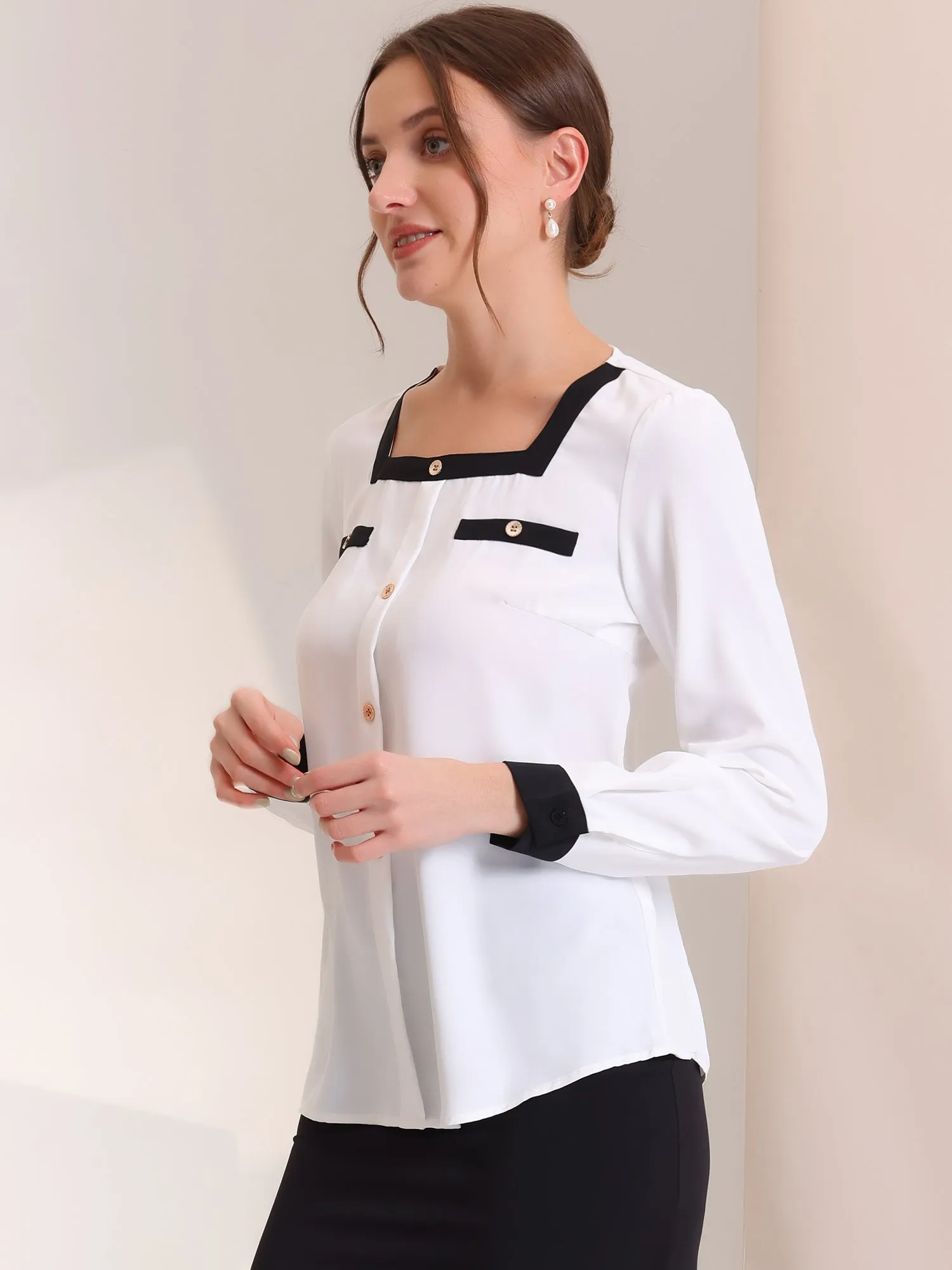 Work Color Block Long Sleeve Career Square Neck Elegant Blouse sold by Allegra K product image thumbnail 4