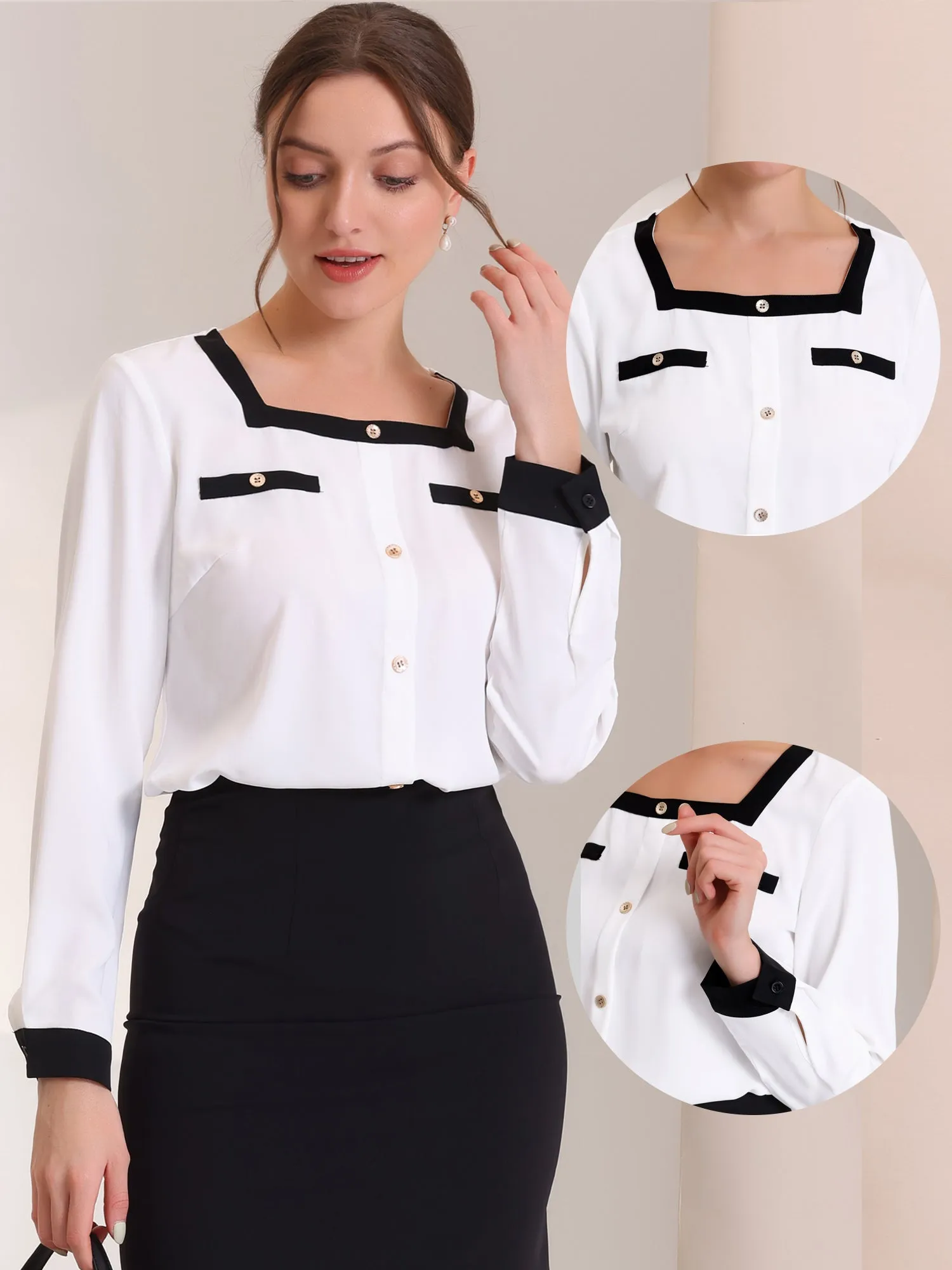 Work Color Block Long Sleeve Career Square Neck Elegant Blouse sold by Allegra K product image thumbnail 2