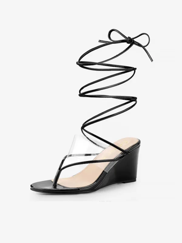 Women's Lace Up Clear Strap Flip Flops Wedge Sandals sold by Allegra K