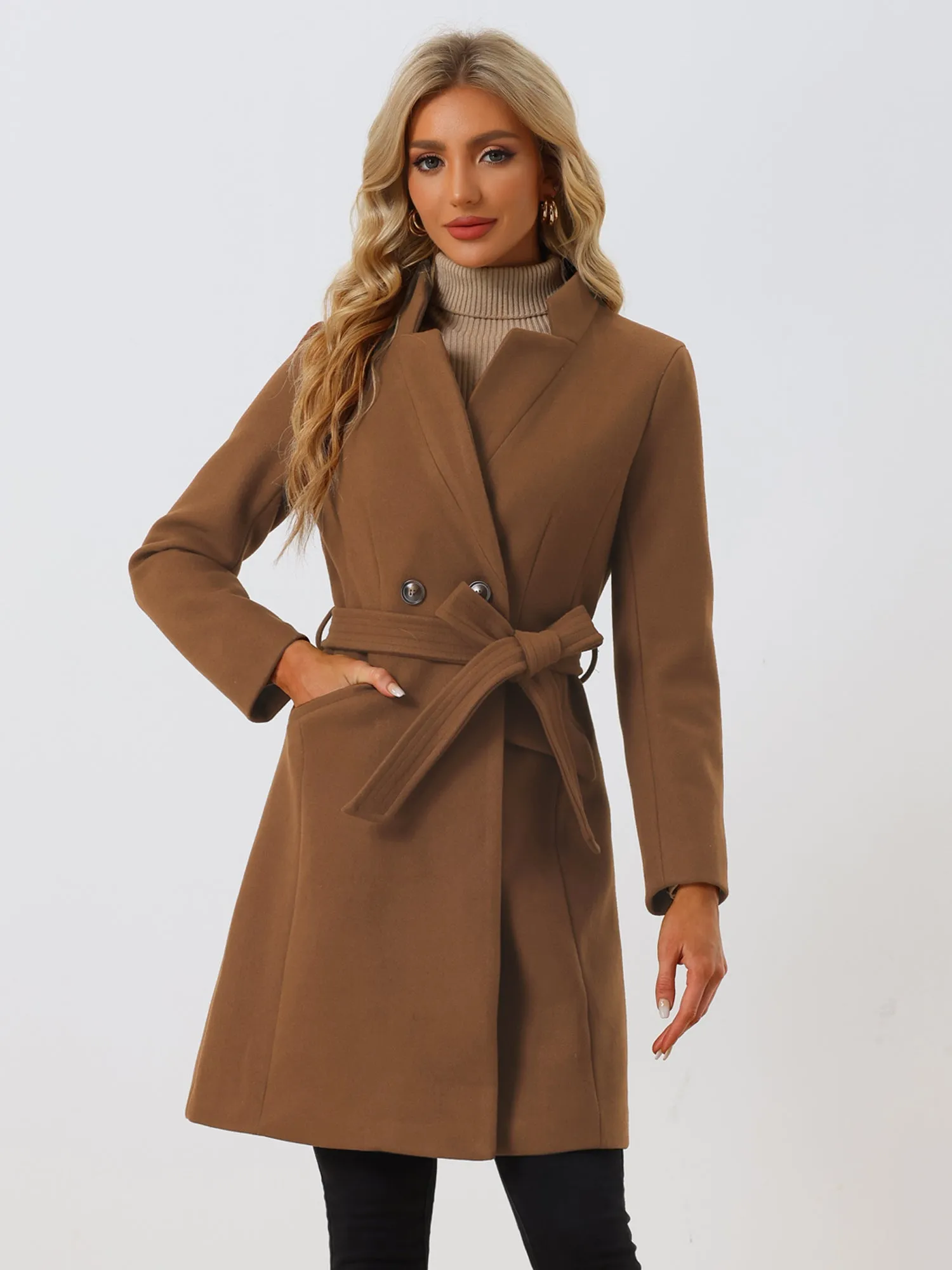 Belted Stand Collar Winter Fully Lined Belted Coats sold by Allegra K