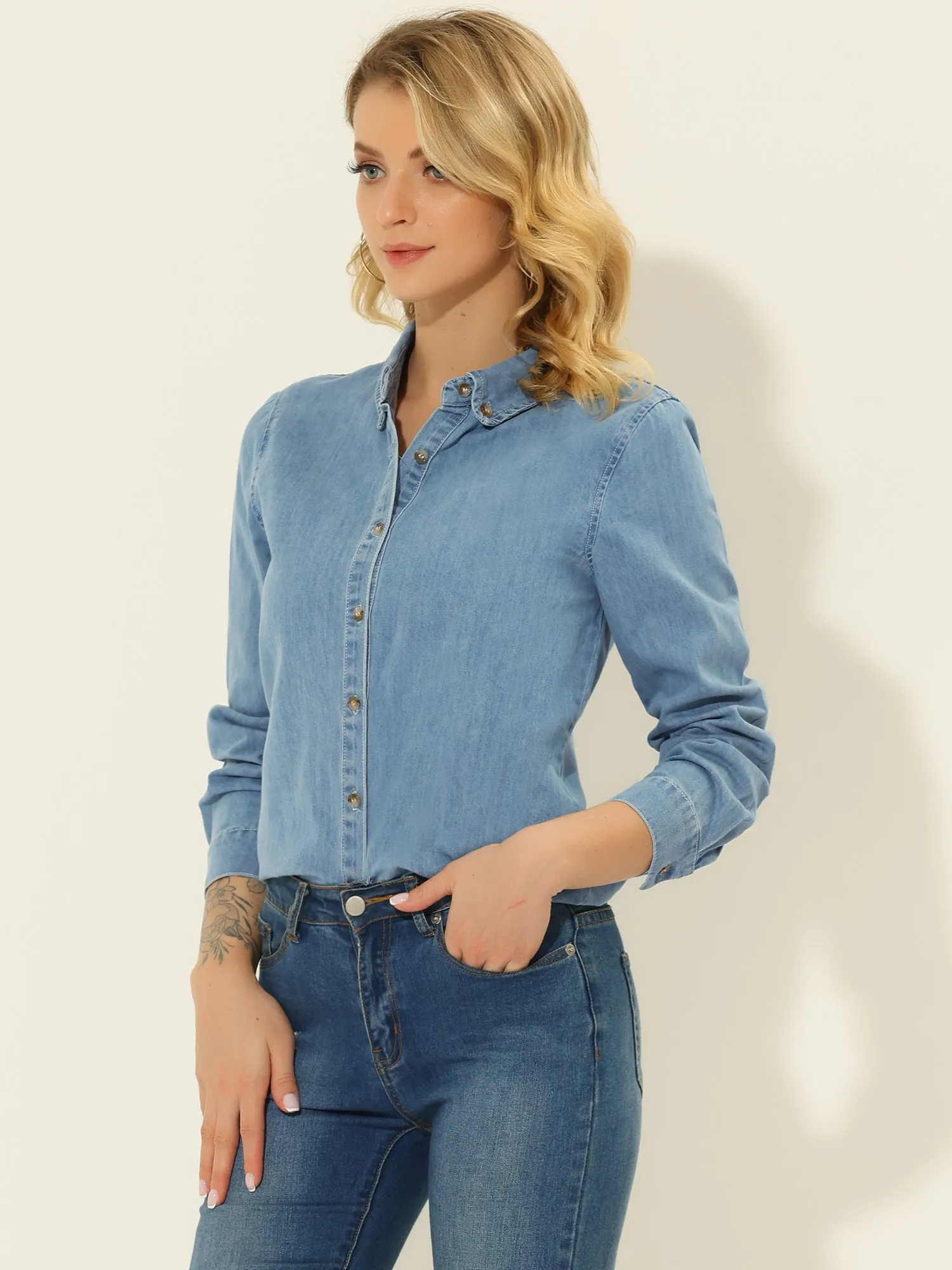 Classic Long Sleeve Button Down Casual Loose Denim Shirt sold by Allegra K