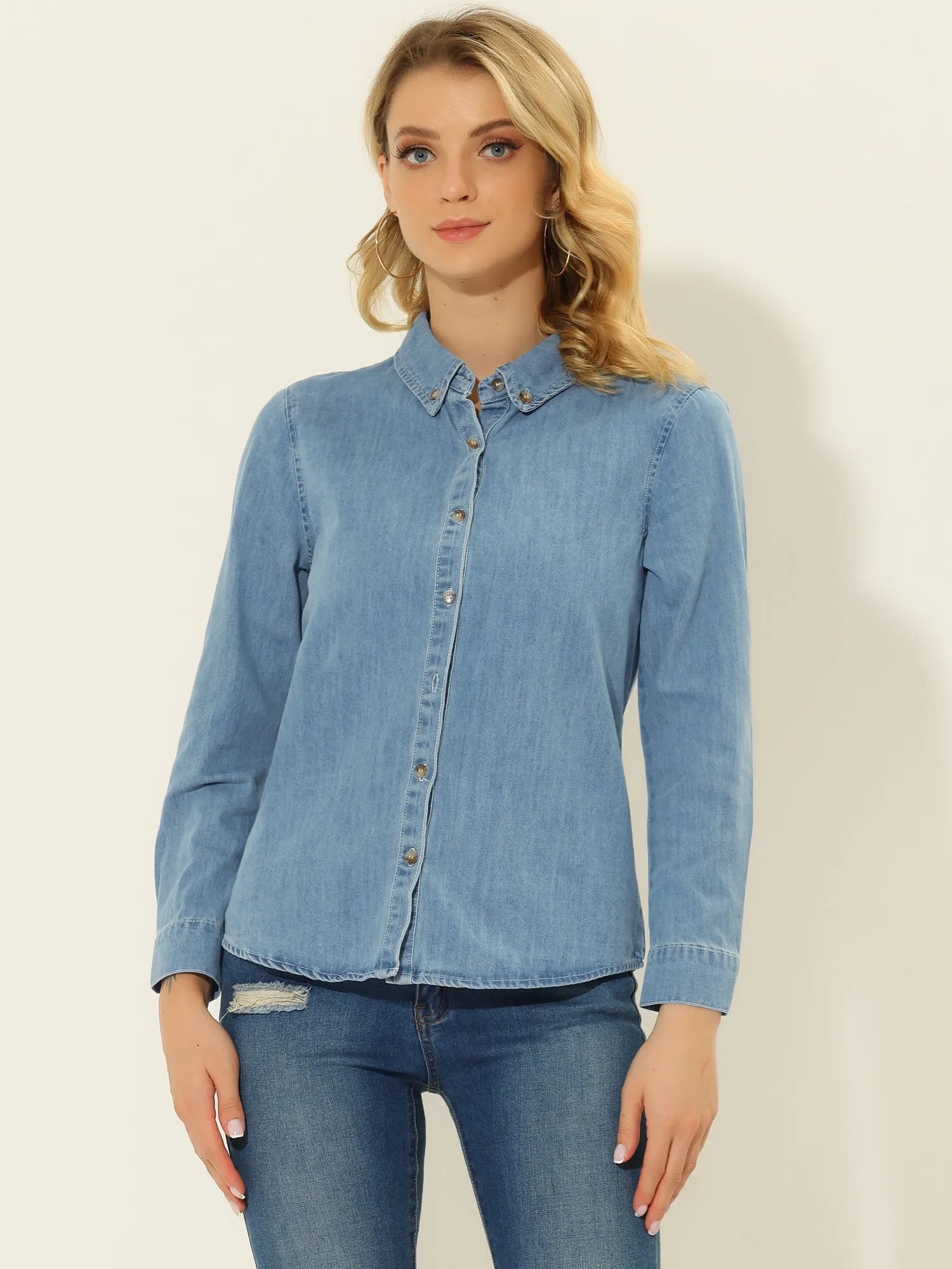 Classic Long Sleeve Button Down Casual Loose Denim Shirt sold by Allegra K product image thumbnail 2
