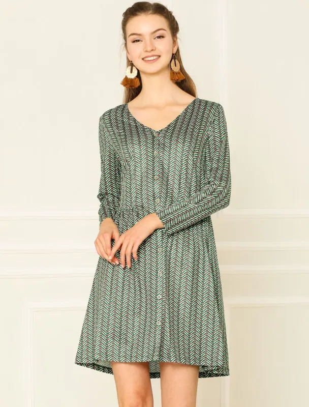 Long Sleeve V Neck Loose Floral Print Above Knee Shift Dress sold by Allegra K