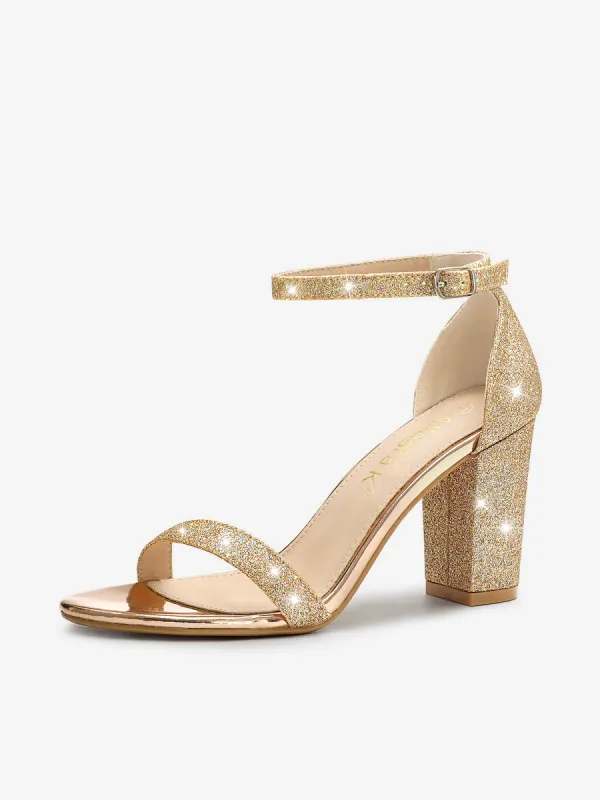 Glitter Ankle Strap Chunky Heel Sandals sold by Allegra K
