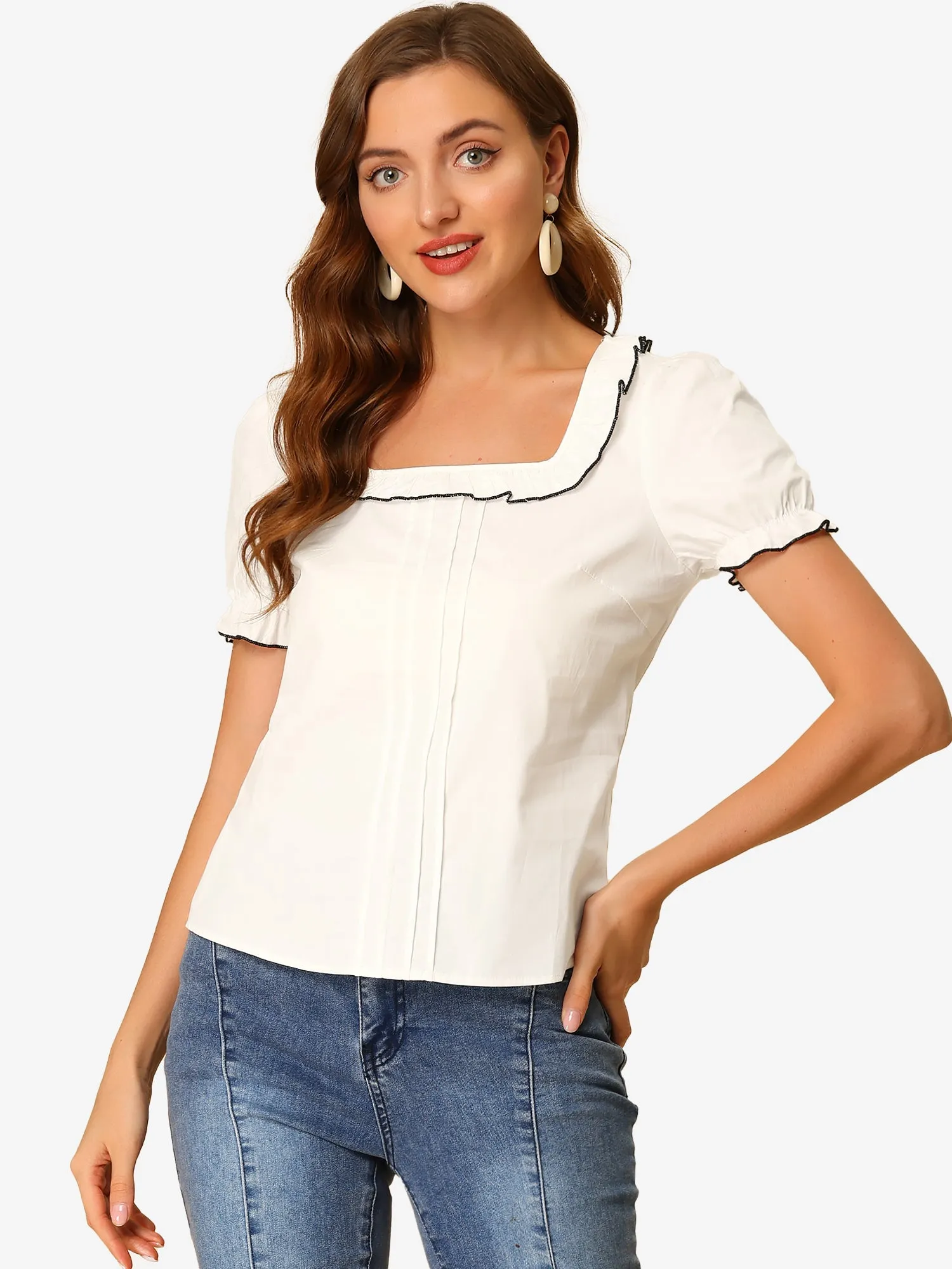 Puff Sleeve Ruffle Tops Summer Elegant Square Neck Work Blouse sold by Allegra K