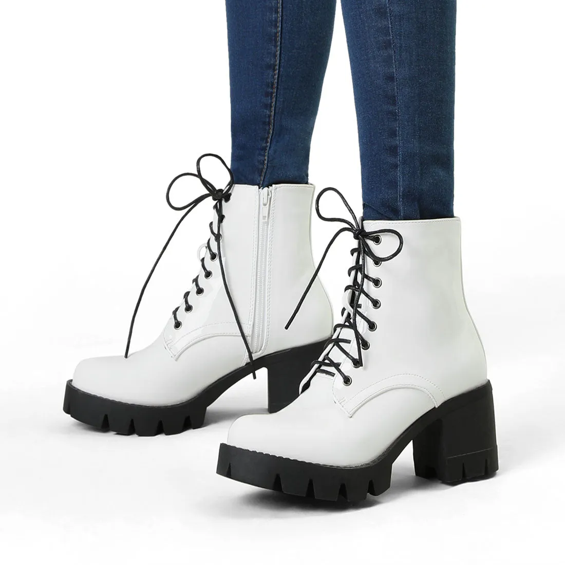 Lace Up Decor Side Zipper Platform Chunky Heel Combat Boots sold by Allegra K product image thumbnail 3