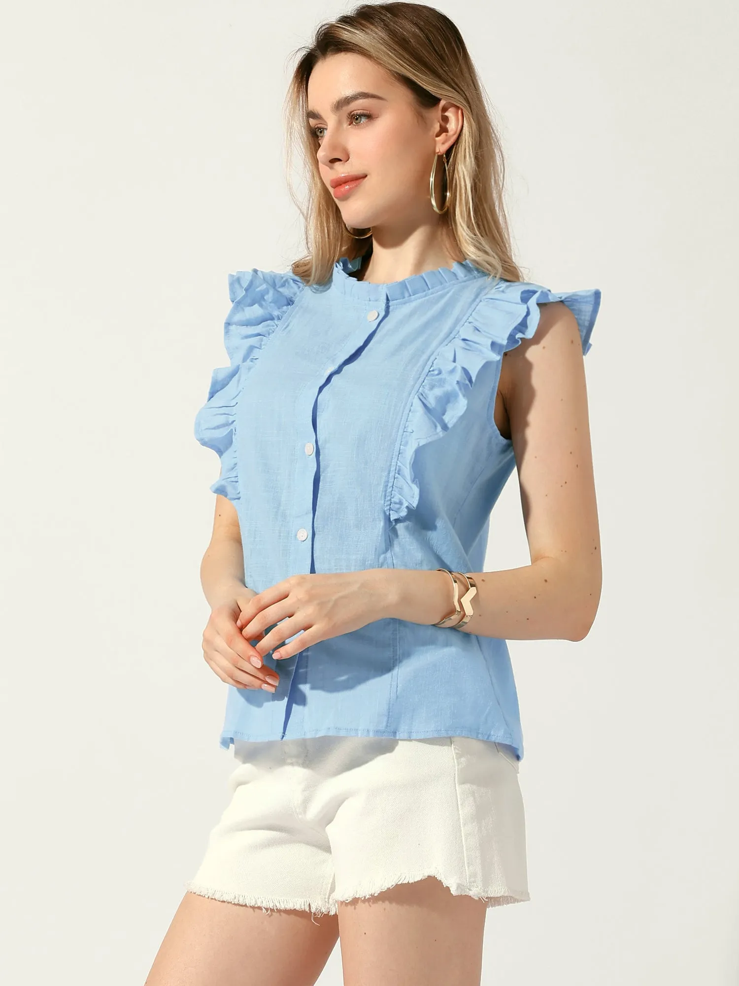 Summer Ruffle Round Neck Button Up Casual Sleeveless Blouse sold by Allegra K