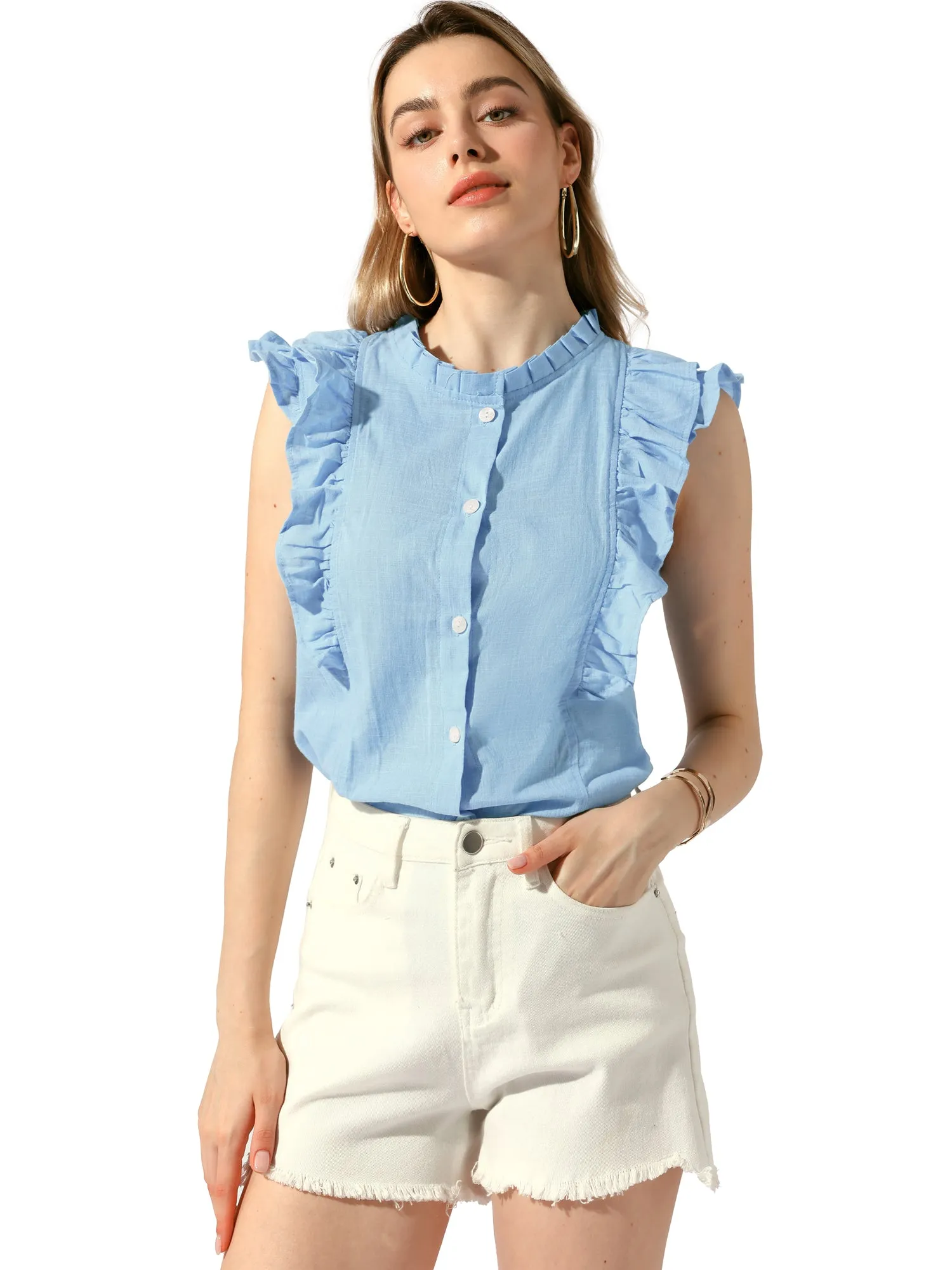 Summer Ruffle Round Neck Button Up Casual Sleeveless Blouse sold by Allegra K product image thumbnail 4