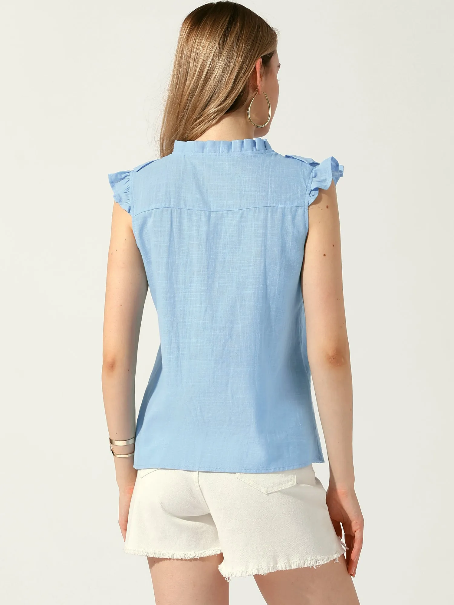 Summer Ruffle Round Neck Button Up Casual Sleeveless Blouse sold by Allegra K product image thumbnail 3