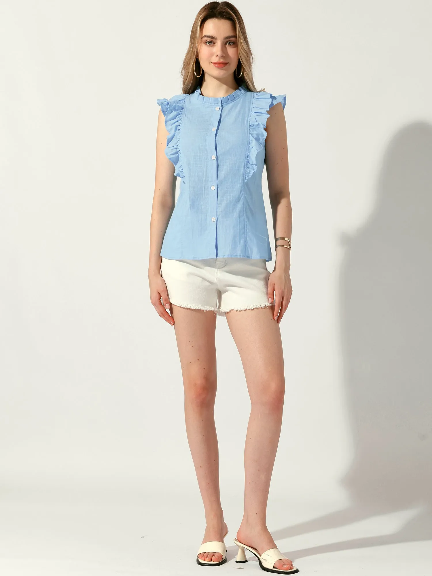 Summer Ruffle Round Neck Button Up Casual Sleeveless Blouse sold by Allegra K product image thumbnail 2