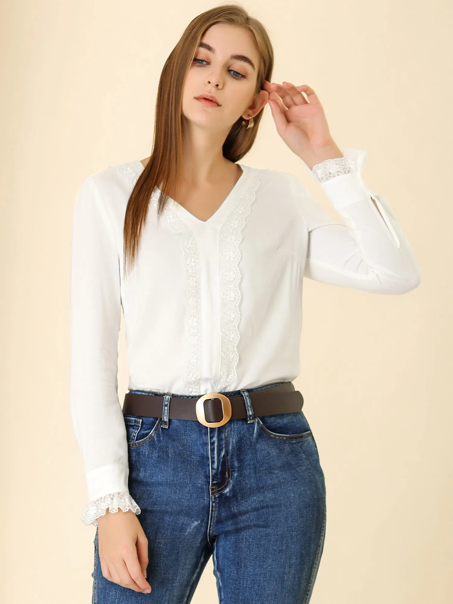 Lace Panel Tops V Neck Casual Long Sleeve Blouse sold by Allegra K product image thumbnail 2