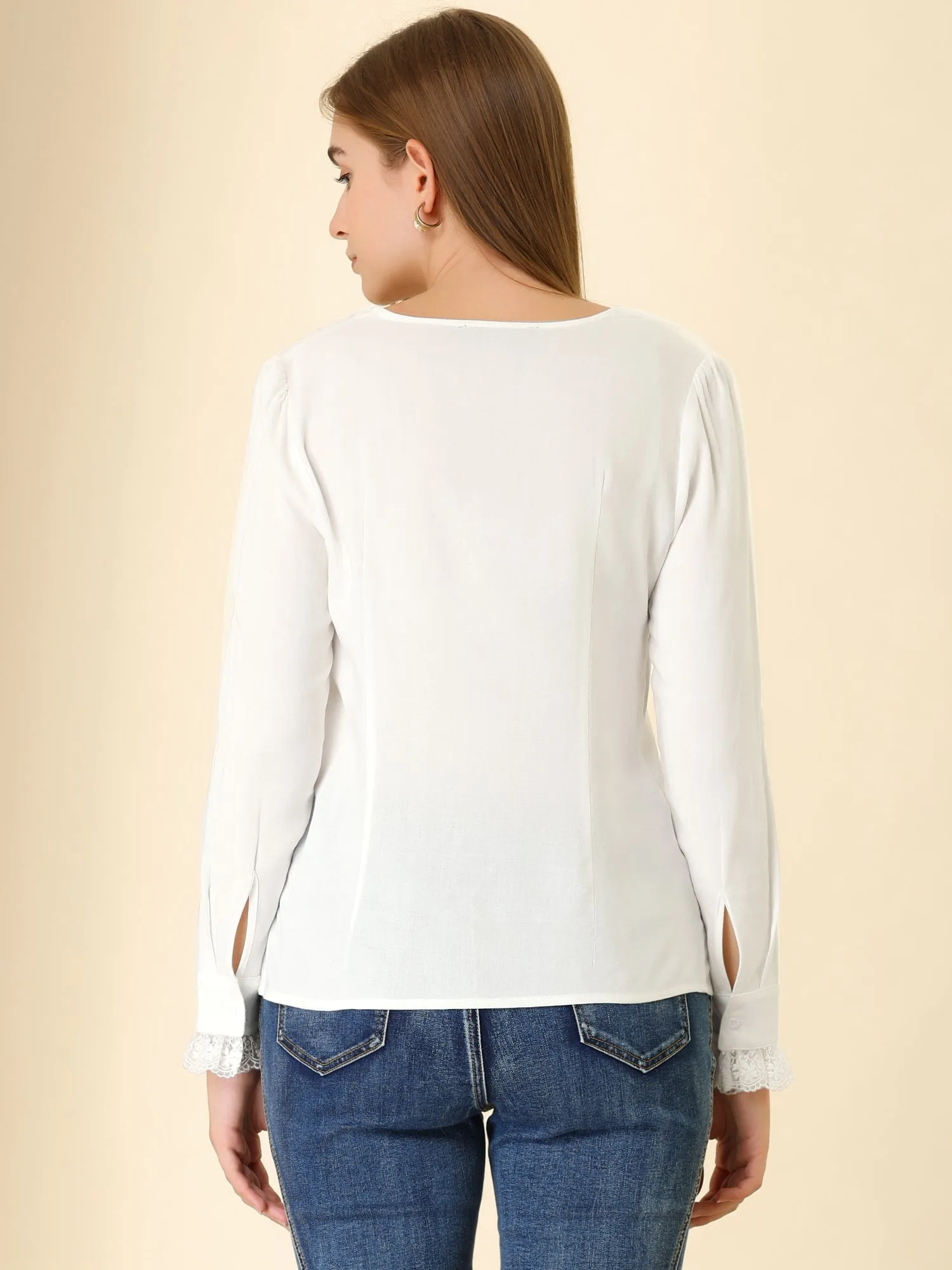 Lace Panel Tops V Neck Casual Long Sleeve Blouse sold by Allegra K product image thumbnail 5