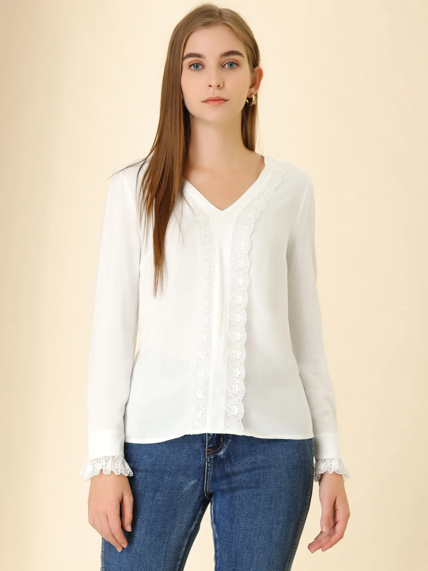 Lace Panel Tops V Neck Casual Long Sleeve Blouse sold by Allegra K product image thumbnail 3