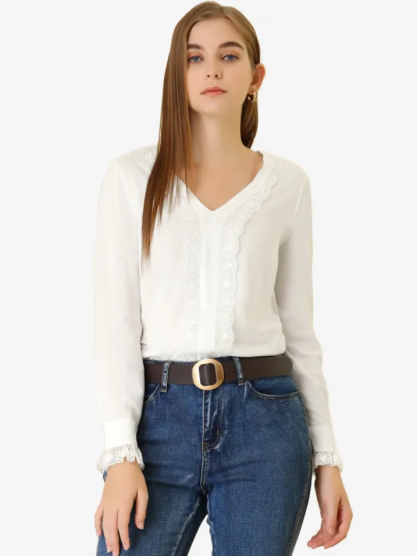 Lace Panel Tops V Neck Casual Long Sleeve Blouse sold by Allegra K