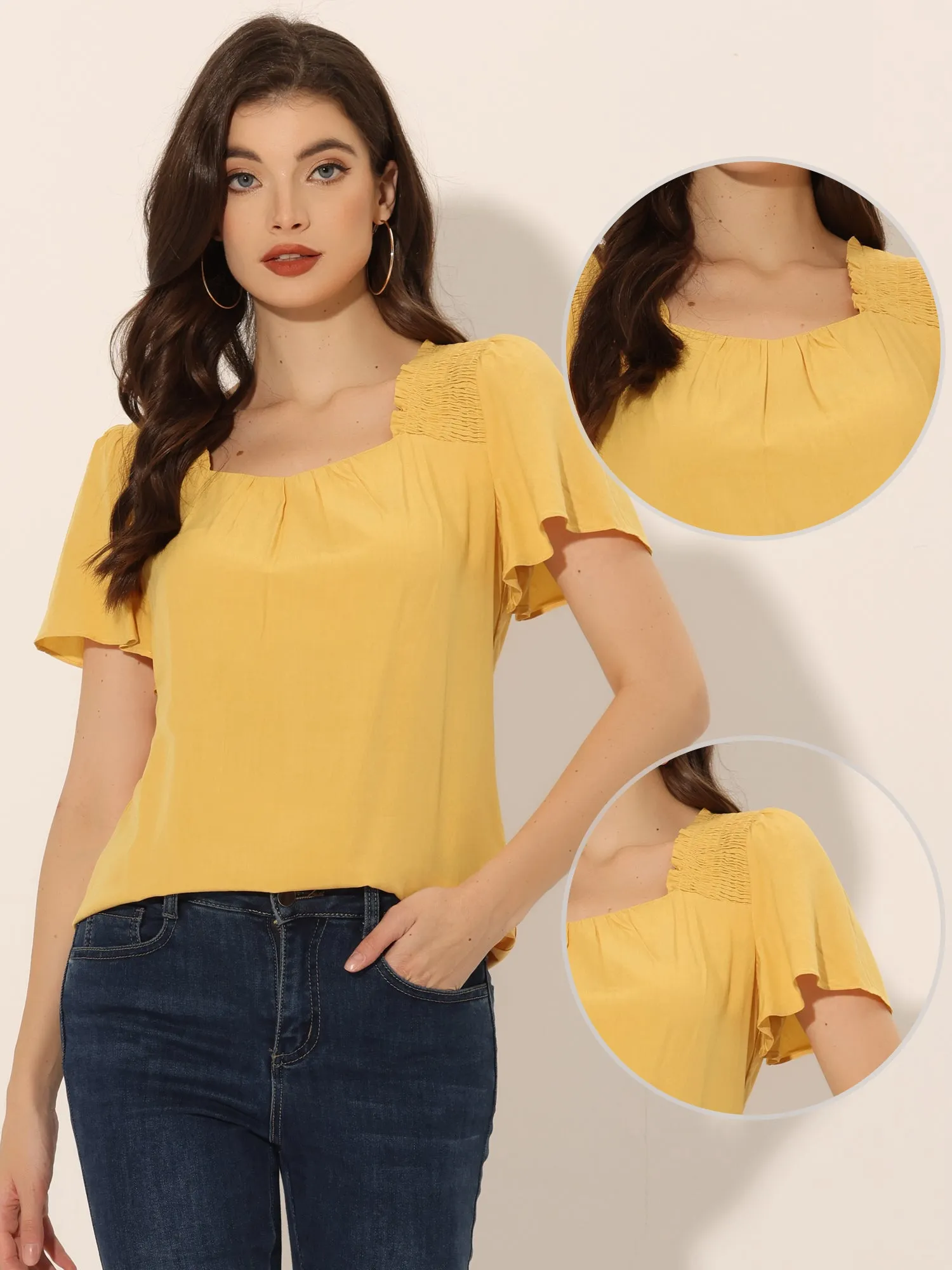 Smocked Square Neck Ruffle Sleeve Casual Peasant Blouse sold by Allegra K product image thumbnail 2