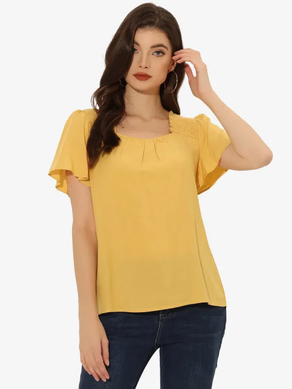 Smocked Square Neck Ruffle Sleeve Casual Peasant Blouse sold by Allegra K