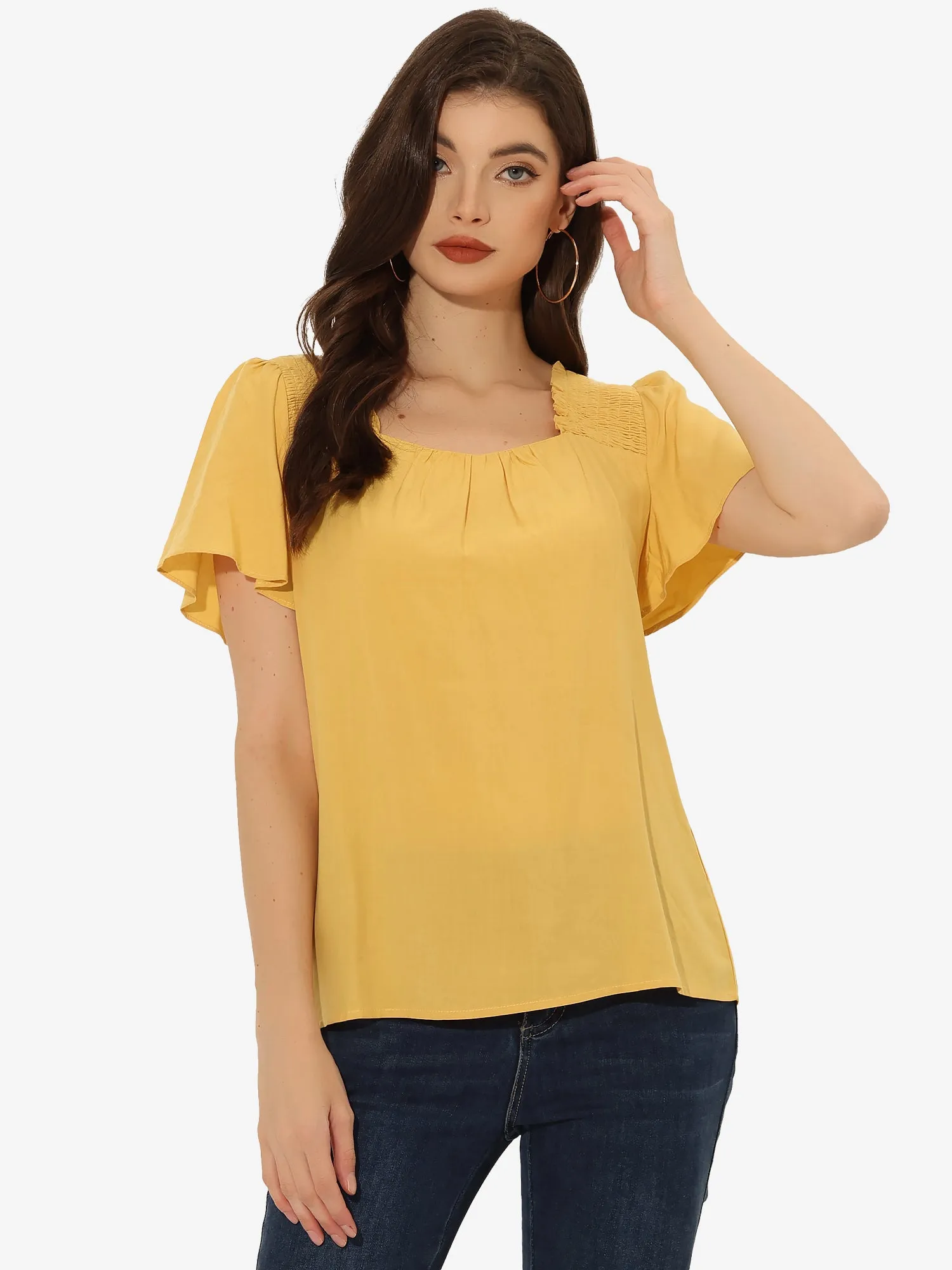 Smocked Square Neck Ruffle Sleeve Casual Peasant Blouse sold by Allegra K