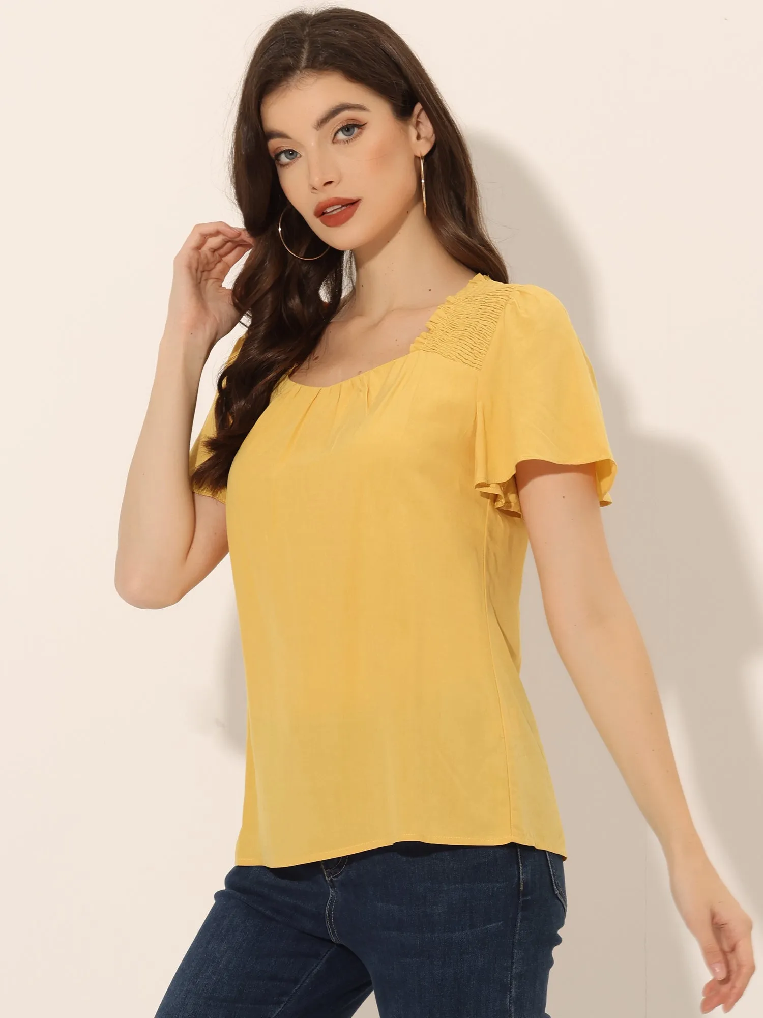 Smocked Square Neck Ruffle Sleeve Casual Peasant Blouse sold by Allegra K product image thumbnail 4