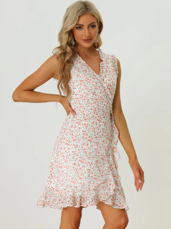 Summer Sleeveless V Neck Tie Waist Floral Print Ruffled Wrap Mini Dress Sundress sold by Allegra K