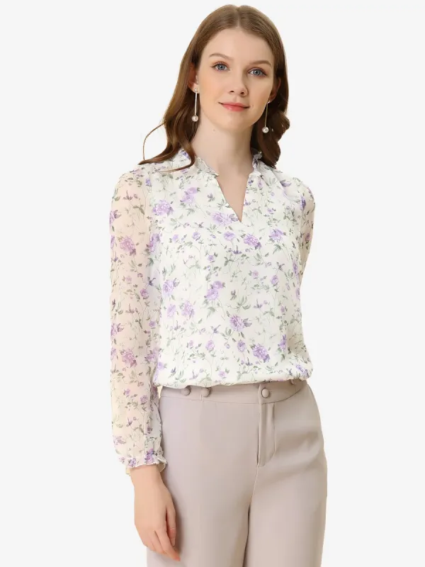 Chiffon Blouse V Neck Long Sleeve Floral Top sold by Allegra K