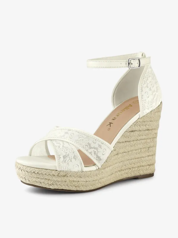 Lace Strapy Round Toe Espadrilles Wedges Sandals sold by Allegra K