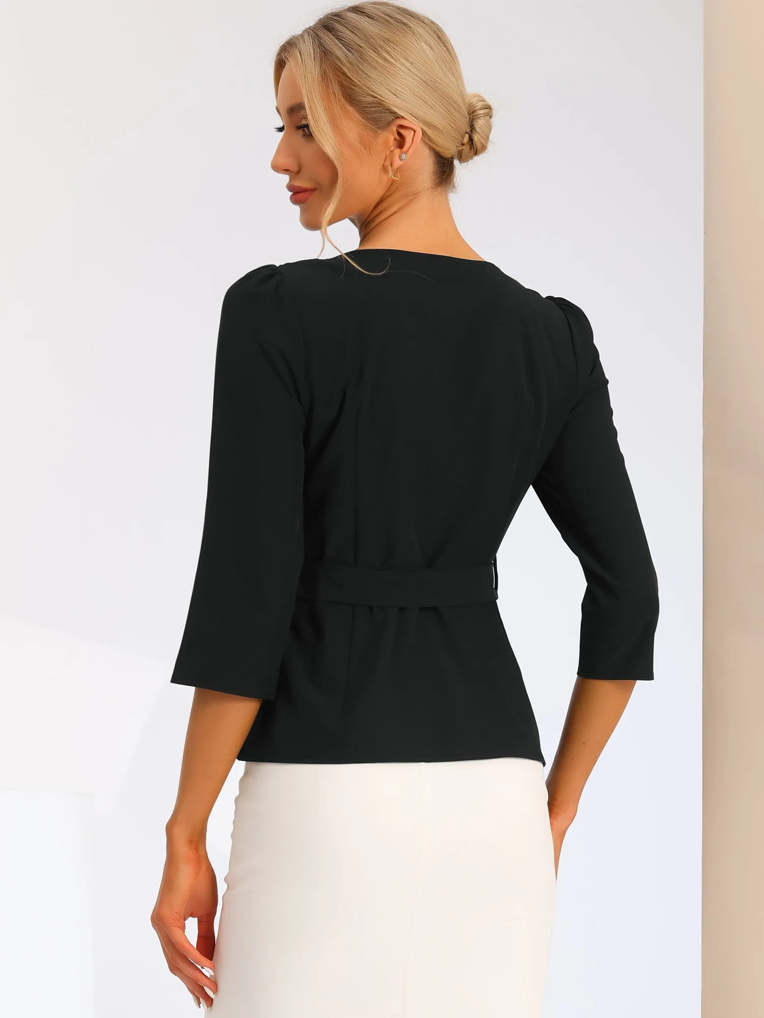 Elegant Square Neck 3/4 Sleeve Belted Button Front Work Blouse sold by Allegra K product image thumbnail 2