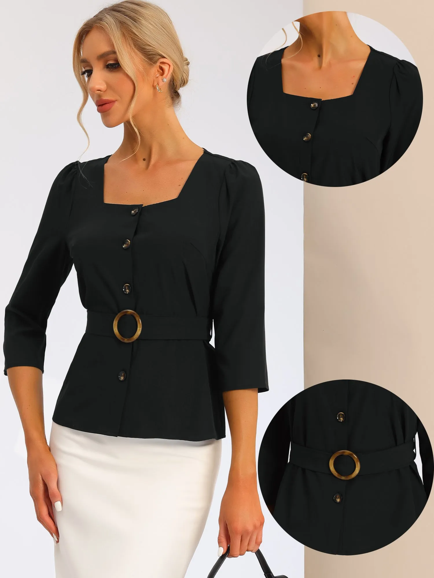 Elegant Square Neck 3/4 Sleeve Belted Button Front Work Blouse sold by Allegra K product image thumbnail 4