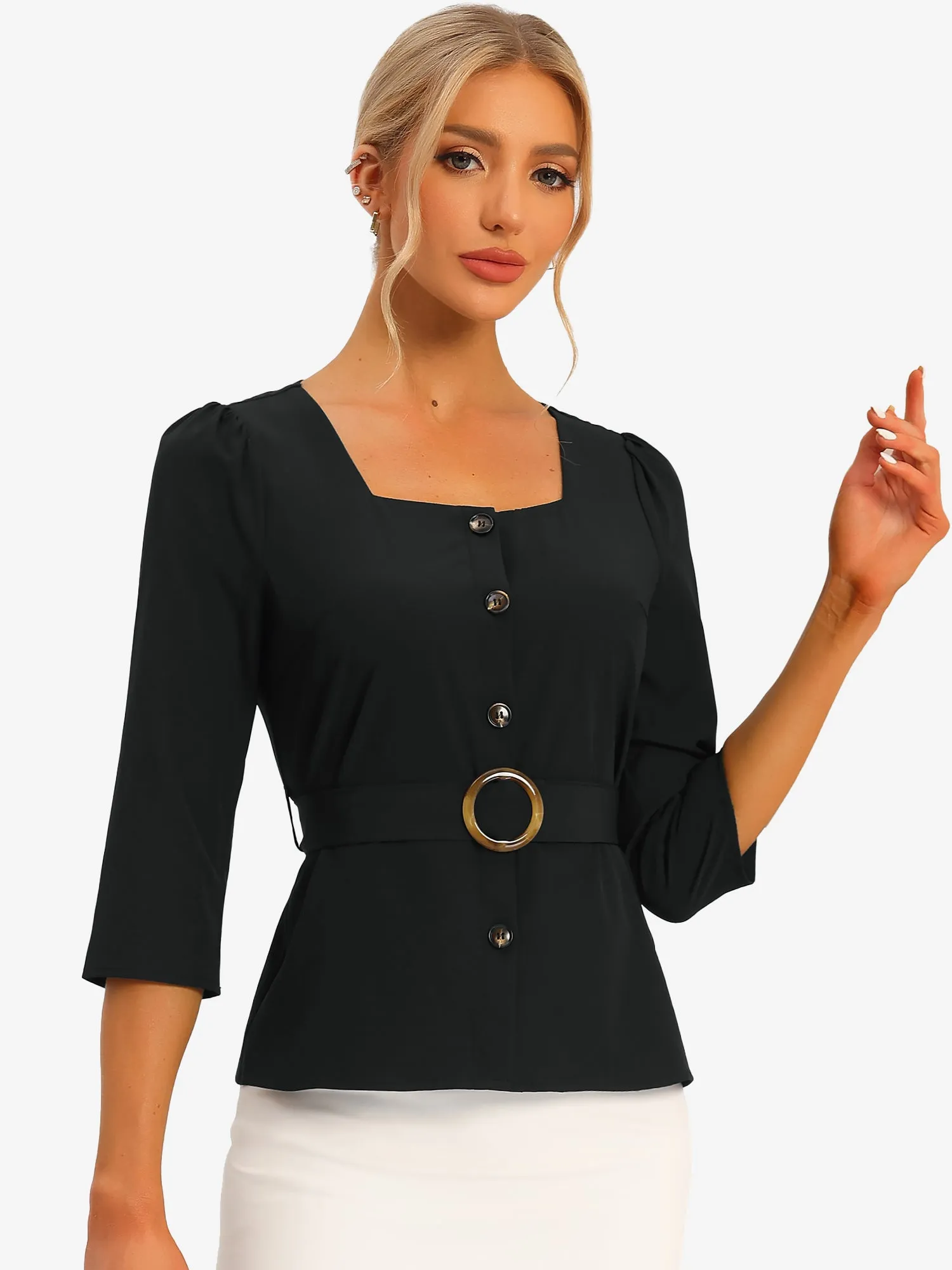 Elegant Square Neck 3/4 Sleeve Belted Button Front Work Blouse sold by Allegra K