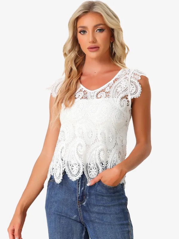 Paisley Lace Sheer Crochet Summer Boho Cropped Blouse sold by Allegra K