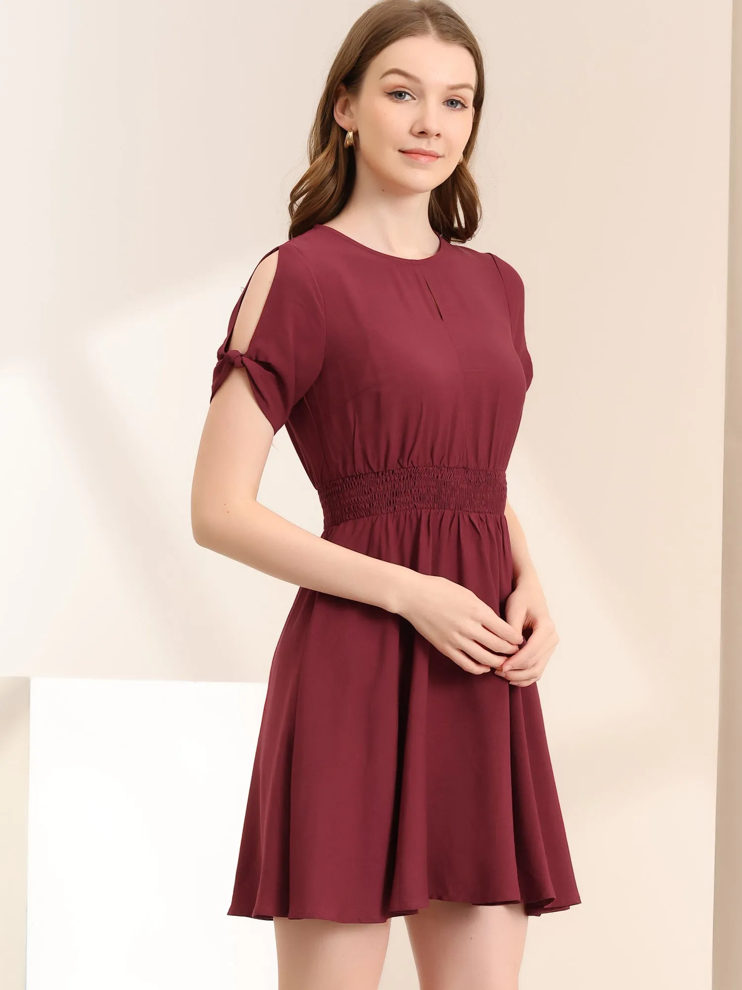 Smocked Waist Round Neck Keyhole Front Short Sleeve Mini Dress sold by Allegra K product image thumbnail 4