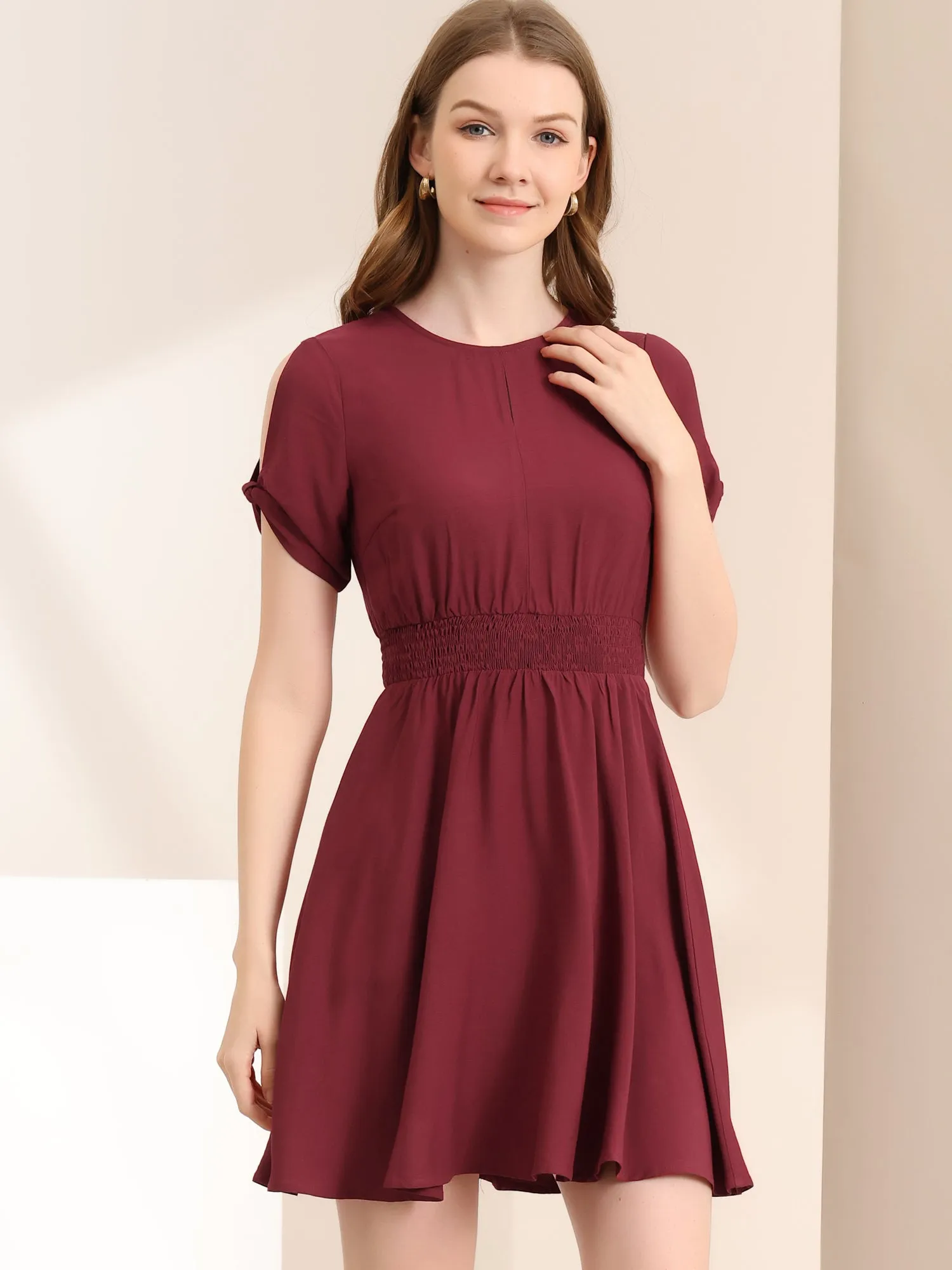 Smocked Waist Round Neck Keyhole Front Short Sleeve Mini Dress sold by Allegra K product image thumbnail 2