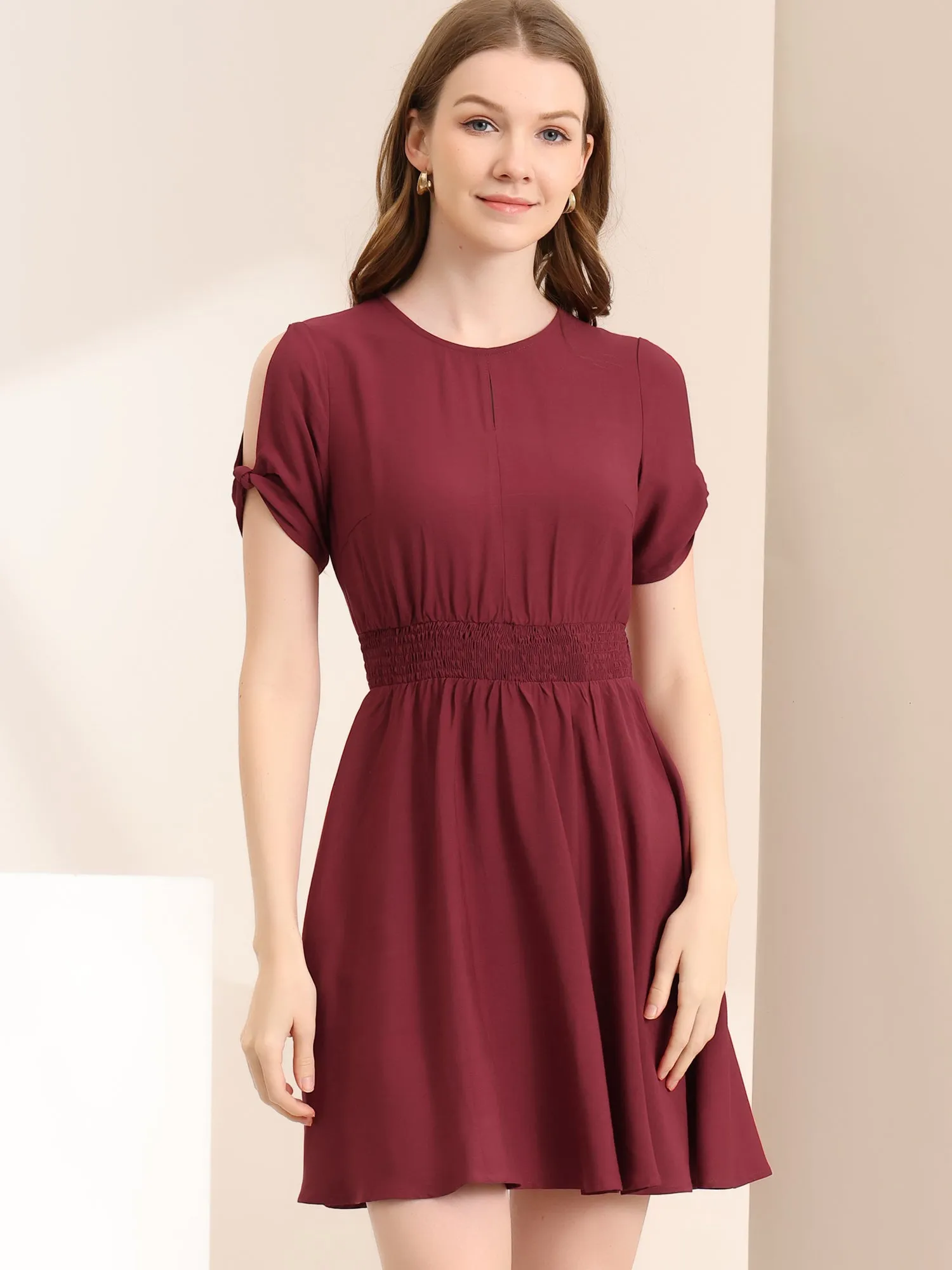 Smocked Waist Round Neck Keyhole Front Short Sleeve Mini Dress sold by Allegra K