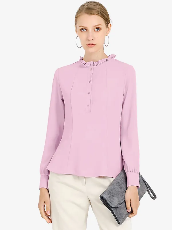 Ruffle Neck Button Up Long Sleeve Sweet Blouse Solid Work Top sold by Allegra K