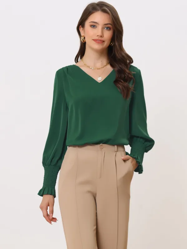 V Neck Shirred Bell Long Sleeve Casual Office Blouse sold by Allegra K