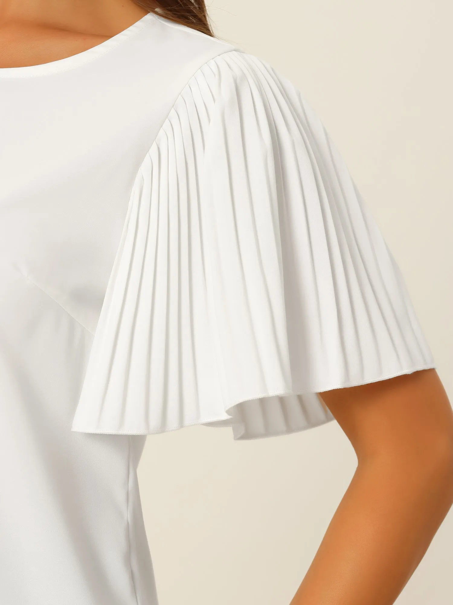 Flutter Sleeve Solid Round Neck Short Sleeve Blouse sold by Allegra K product image thumbnail 4